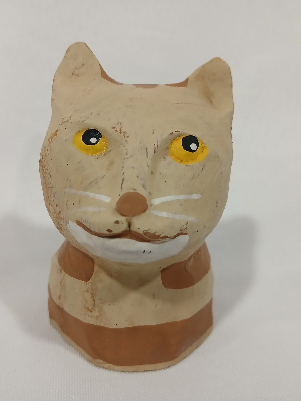 Cat Head Figure Folk Art Wood Carved Hand Painted 3 Inches